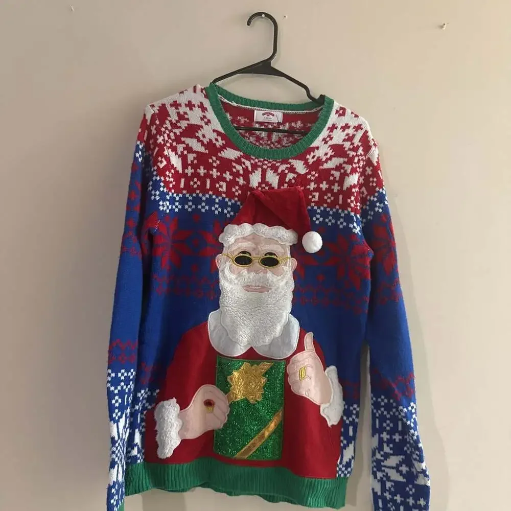 Ugly Christmas Sweater Santa with Shades & Gift Holiday Pullover S/M M-L S/M - Picture 1 of 5